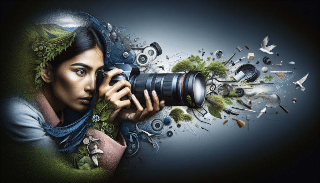 It is a image about a women clicking a something by holding a camera